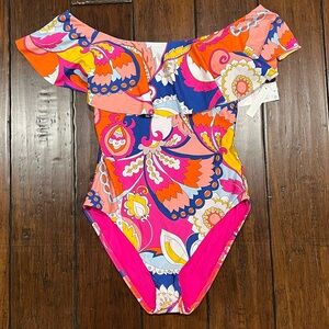 NWT TRINA TURK SEVILLA OFF SHOULDER RUFFLE ONE PIECE SWIM SUIT, SIZE 6